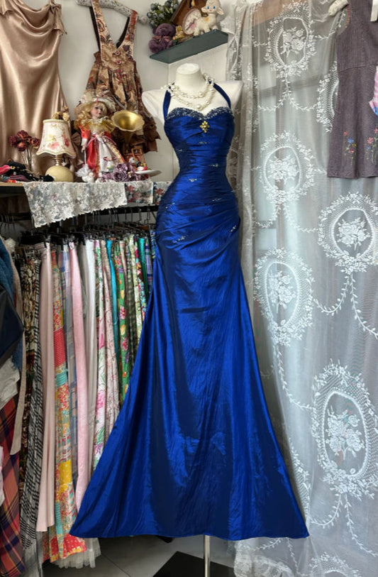 Vintage Halter Mermaid Long Prom Dresses Beaded Satin Blue Evening Dresses Birthday Dresses DP4596