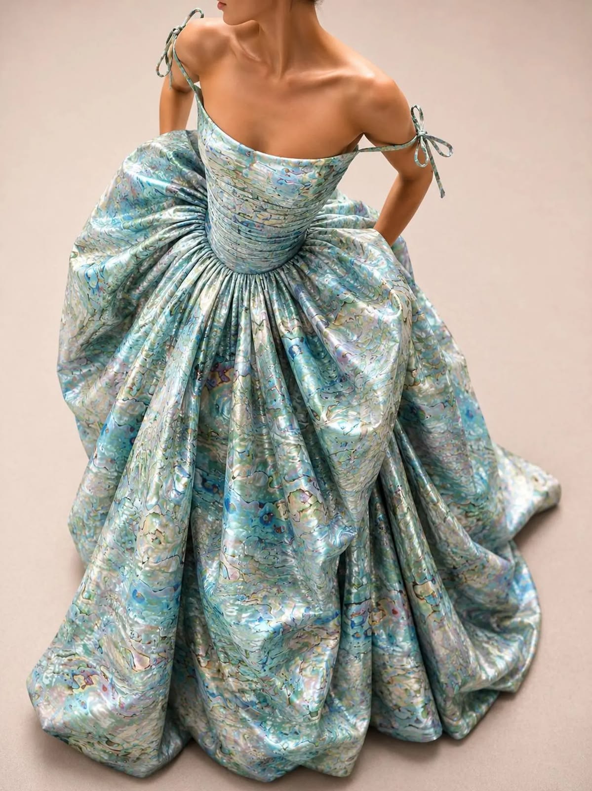 Romantic Blue Print Ball Gown Spaghetti Strap Satin Prom Dress Evening Dress DP7587
