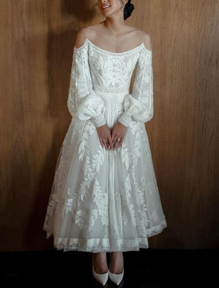 Classic Princess A Line Long Sleeve White Lace Long Evening Dress Party Dress DP3289