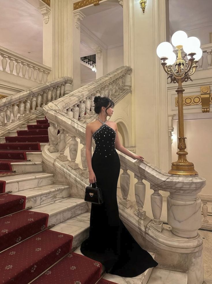 Sexy Mermaid Halter Rhinestone Black Satin Prom Dress Formal Gown DP3668