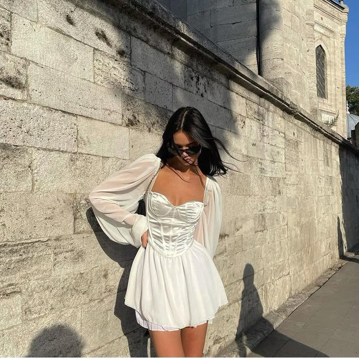Gentle White A Line Long Sleeve Corset Chiffon Satin Short Homecoming Dress Cocktail Dress DP2876
