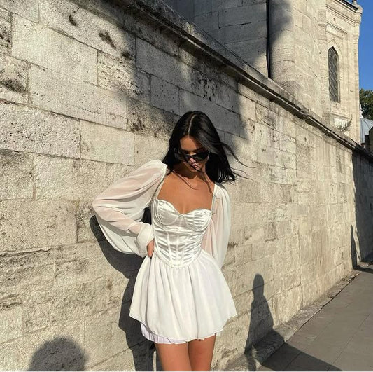 Gentle White A Line Long Sleeve Corset Chiffon Satin Short Homecoming Dress Cocktail Dress DP2876