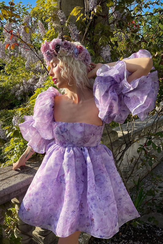 Purple Print Floral Chiffon Short Prom Dress Evening Gown DP798
