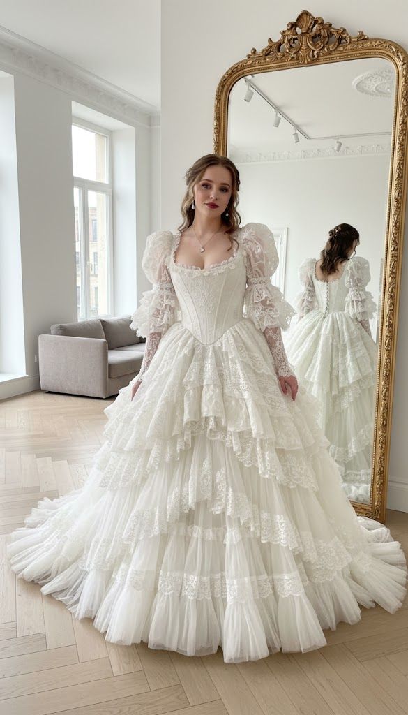 Princess Ball Gown Long Sleeve Layered White Tulle Wedding Dress DP6844