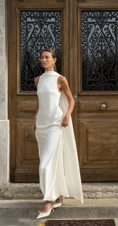 Elegant A Line Round Neck Ivory Satin Long Prom Dress Party Dresses Formal Gown DP3662