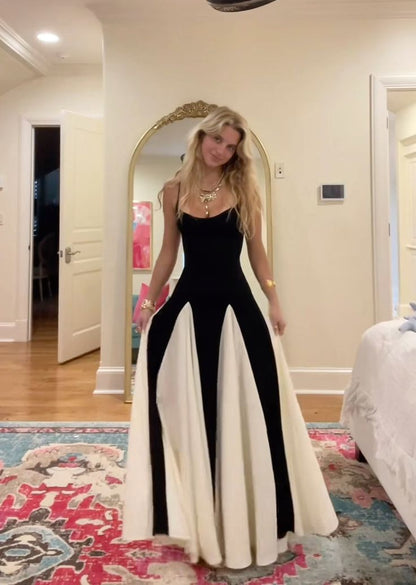 Classic A Line Spaghetti Strap Ivory Chiffon Black Satin Prom Dress Party Dress Formal Dress DP3524