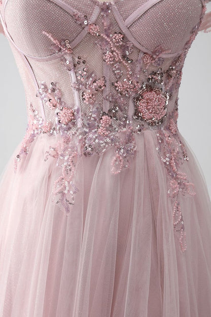 Sparkly A Line Strapless Tulle Long Prom Dress Evening Dress with Bow DP1378