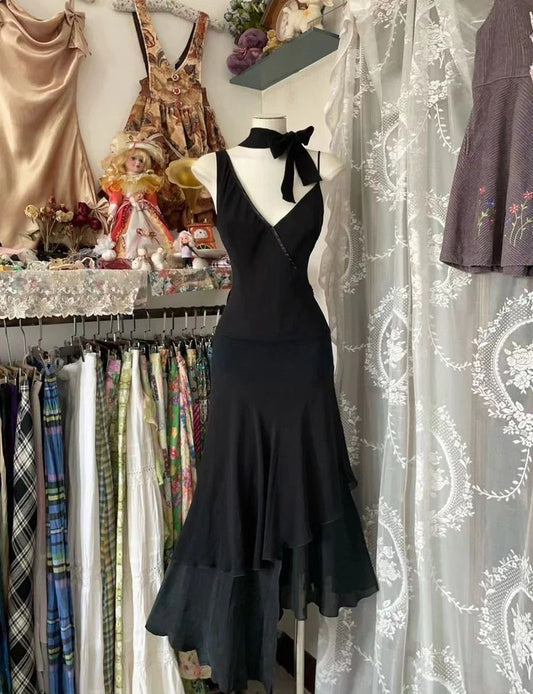 Sexy Black Mermaid V Neck Ruffles Chiffon Evening Dress Outfits  DP1293