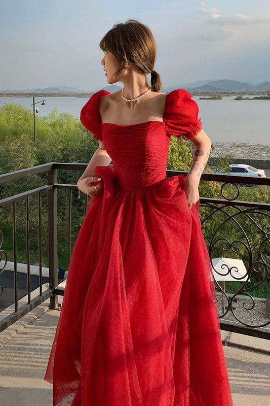 Red A Line Puff Sleeve Tulle Long Prom Dress Date Dress DP7013