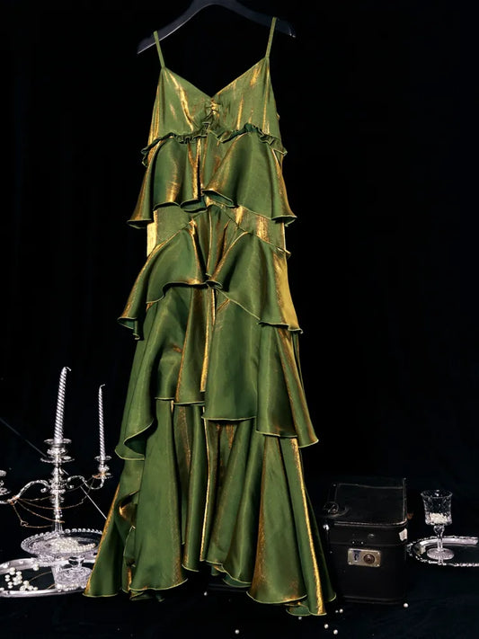 Pretty A Line Spaghetti Strap Tiered Green Satin Prom Dress Evening Dress DP1747