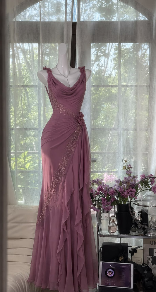 Vintage Mermaid Spaghetti Straps Beaded Ruffle Chiffon Long Prom Dress Party Dress DP5811