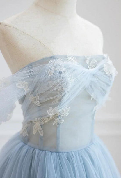 A Line Off-the-shoulder Applique Light Blue Tulle Prom Dress DP764