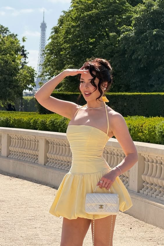 Cute Summer Yellow A Line Halter Satin Backless Short Prom Dress Homecoming Dress DP6816