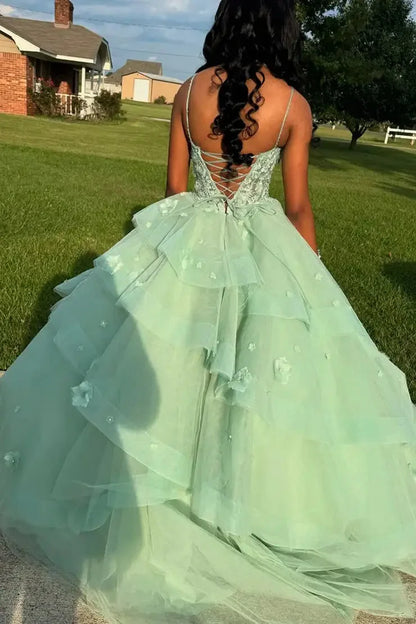 Princess Green A Line Straps Appliques Ruffle Tulle Evening Dress Prom Dress DP7659