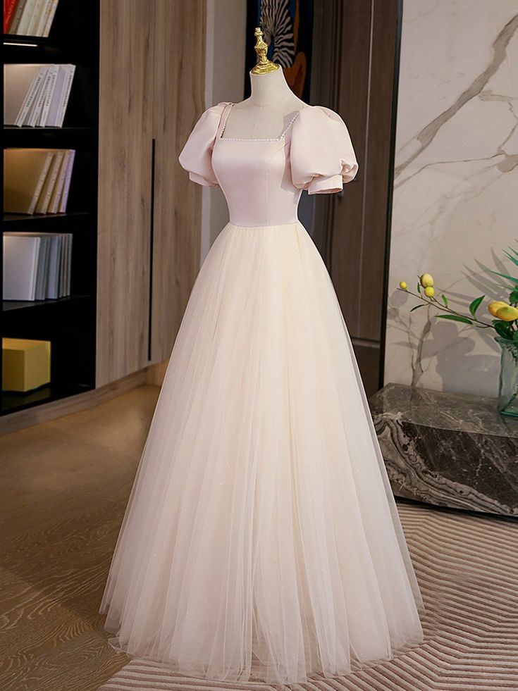 A Line Puff Sleeve Tulle Satin Long Prom Dress Formal Graduation Dresses DP1088