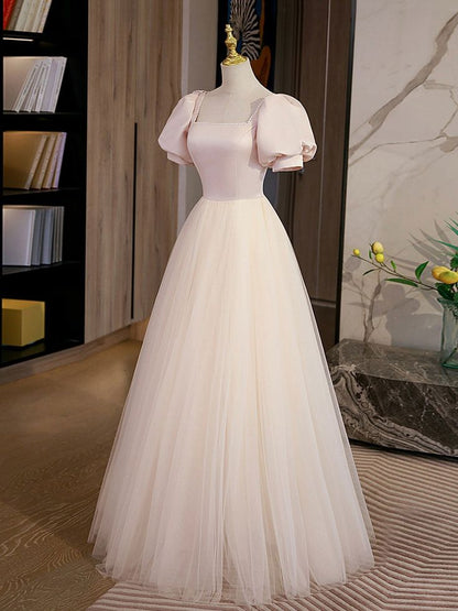 A Line Puff Sleeve Tulle Satin Long Prom Dress Formal Graduation Dresses DP1088