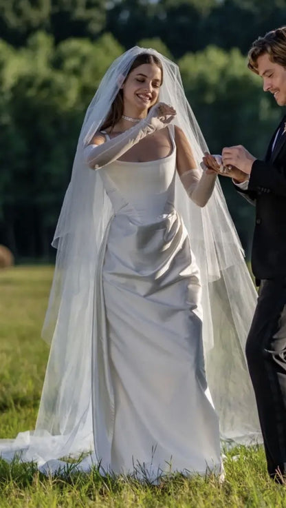 Classic A Line Straps Pleated White Satin Long Wedding Dress DP6849