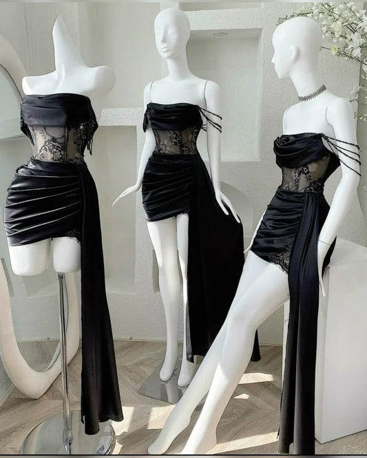 Sexy Sheath Off the Shoulder Black Lace Satin Mini Homecoming Dress DP2758