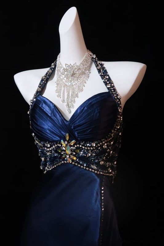 Vintage Sheath Halter Beaded Navy Blue Satin Long Prom Dress Evening Dress DP1959