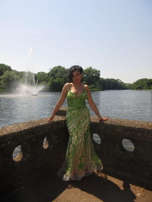 Green Mermaid Spaghetti Strap Applique Tulle Long Prom Dress Evening Dress DP8070