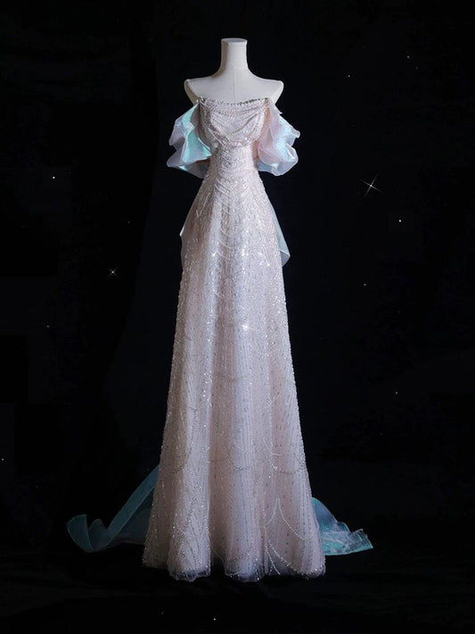 Pink Pretty A Line Off the Shoulder Pearl Sequin Tulle Prom Dress Party Dress DP3067