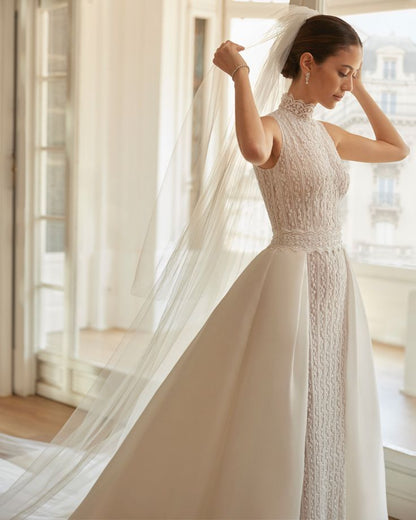 Stunning Sheath High Neck White Lace Long Prom Dress Wedding Dresses DP3663