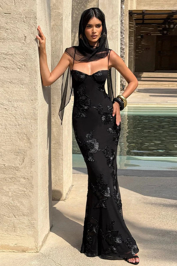 Black Sexy Mermaid Spaghetti Strap Embroidery Tulle Prom Dress Evening Dress DP5580