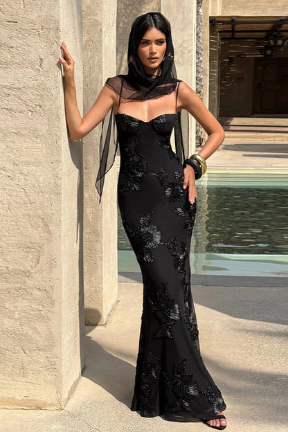 Black Sexy Mermaid Spaghetti Strap Embroidery Tulle Prom Dress Evening Dress DP5580