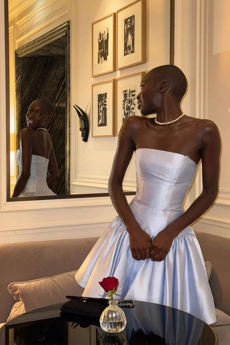 Simple A Line Strapless Blue Satin Short Homecoming Dress Outfits DP4938