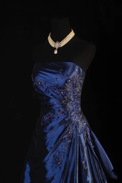 Vintage Ball Gown Strapless Navy Blue Satin Long Prom Dresses Party Dress DP3246