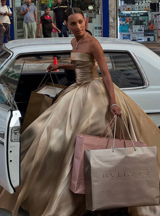 Brown Ball Gown Strapless Satin Long Prom Dresses 16th Birthday Dress DP3677