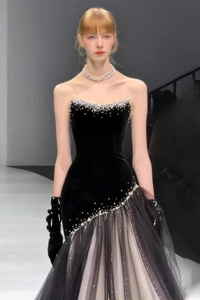 Stunning Mermaid Strapless Pearls Black Velvet Tulle Long Prom Dress Evening Dress DP6089