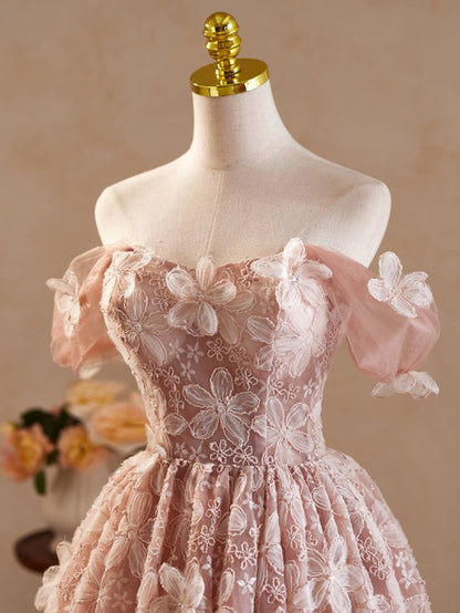Pink Vintage Off-the-shoulder Flower Appliques Tulle Homecoming Dress DP846
