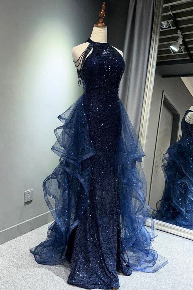 Navy Shiny Sequin Tulle Long Party Dress with Beaded, Navy Evening Party Dress DP1975