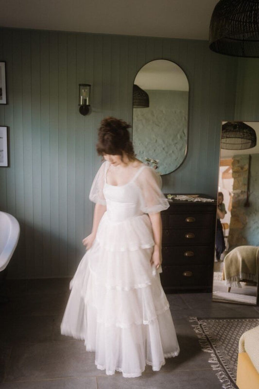 Cute A Line Puff Sleeve White Layered Tulle Long Wedding Dress DP7804