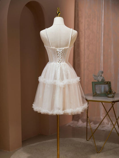 Elegant A Line Spaghetti Strap Pearl Tulle Homecoming Dresses DP795