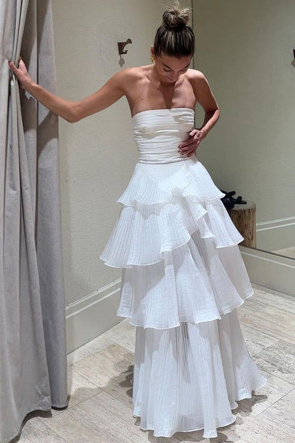 Simple White A Line Strapless Layered Chiffon Prom Dress Evening Dress DP1209