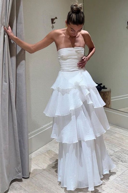 Simple White A Line Strapless Layered Chiffon Prom Dress Evening Dress DP1209
