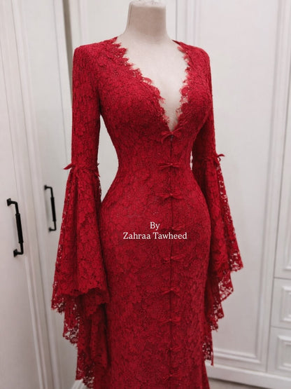 Sexy Mermaid Long Sleeve Red Lace Prom Dress Date Dress DP7009