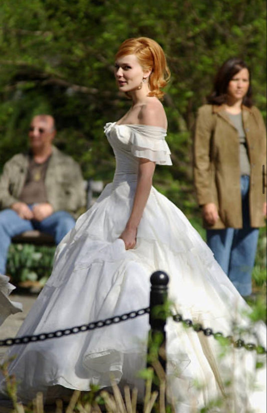 White Gentle Ball Gown Off the Shoulder Layered Chiffon Satin Wedding Dress DP3277