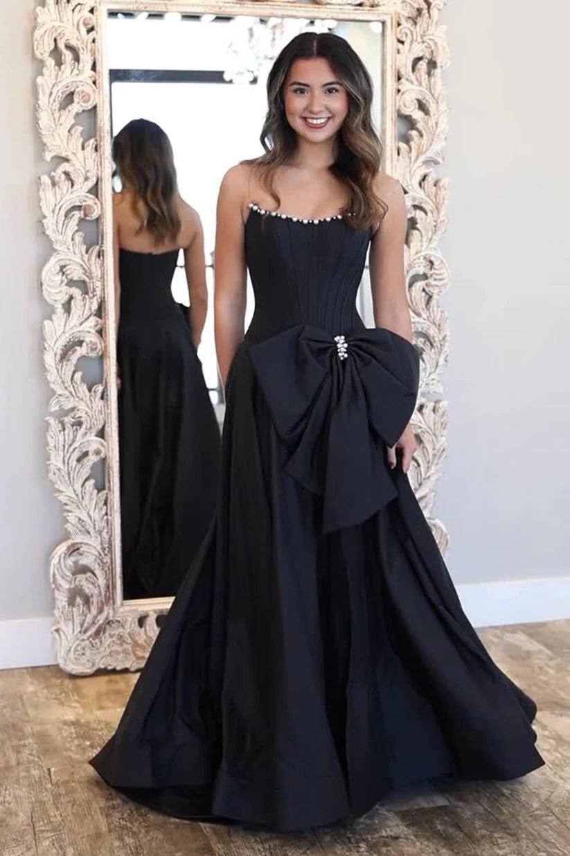 Black Bow Knot A Line Strapless Satin Evening Dress Prom Dress DP7648