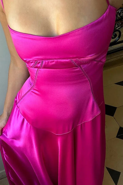 Hot Pink A Line Spaghetti Strap Satin Long Prom Dress Evening Dress DP7119