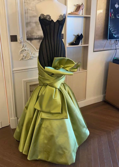 Cute Mermaid Sweetheart Neck Black Tulle Green Satin Long Prom Dress Graduation Prom Dress DP2054