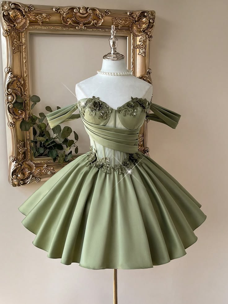 Green A Line Off the Shoulder Corset Beaded Satin Short Homecoming Dress DP5671