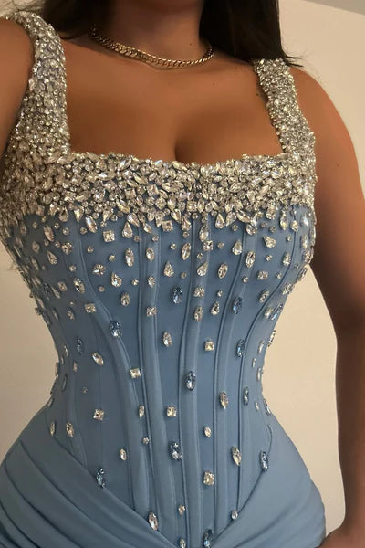 Dazzling Blue Sheath Straps Rhinestone Corset Satin Prom Dress Evening Dress DP5981