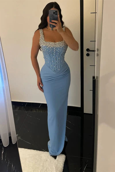 Dazzling Blue Sheath Straps Rhinestone Corset Satin Prom Dress Evening Dress DP5981