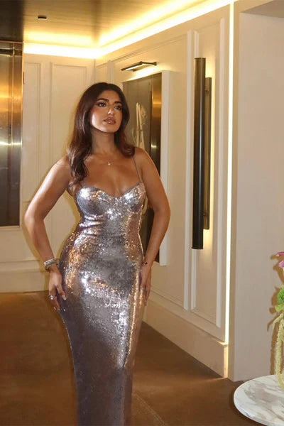 Dazzling Silver Sheath Spaghetti Strap Sequin Prom Dress Evening Dress DP5983