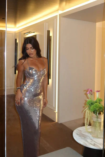 Dazzling Silver Sheath Spaghetti Strap Sequin Prom Dress Evening Dress DP5983