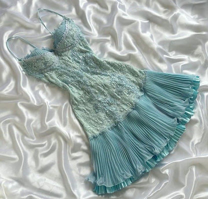 Cute A Line Spaghetti Straps Green Lace Short Outfit Homecoming Dress Birthday Dress DP2981