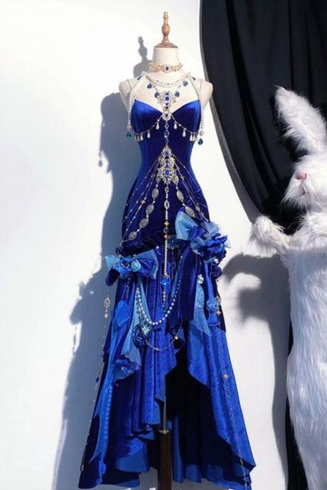 Stunning Blue Mermaid Spaghetti Strap Ruffle Velvet Prom Dress DP4157(Accessories not included)